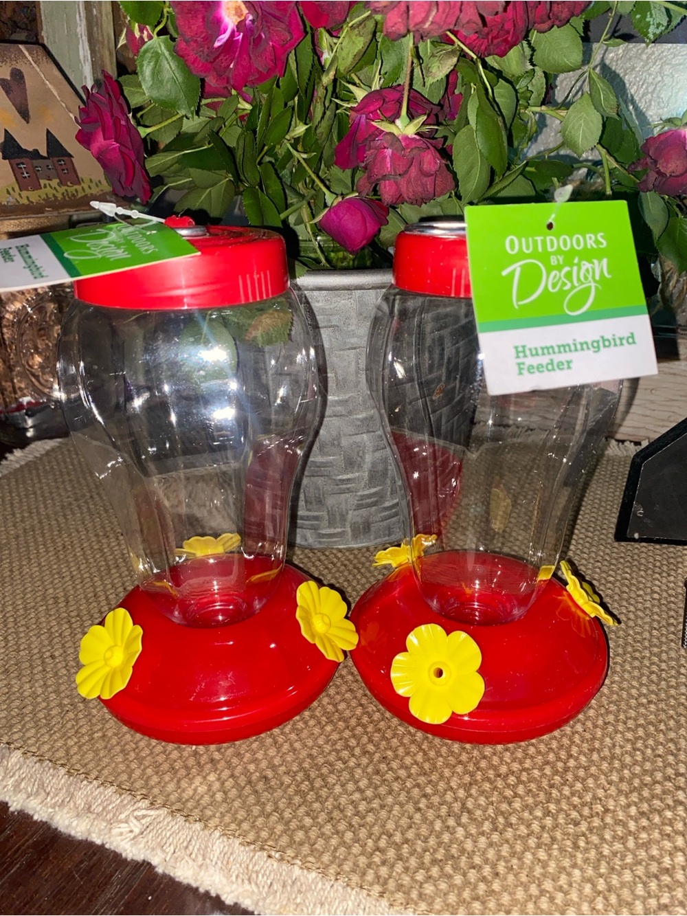 Hummingbird Red Feeders with Yellow Flower Ports - Set of 2